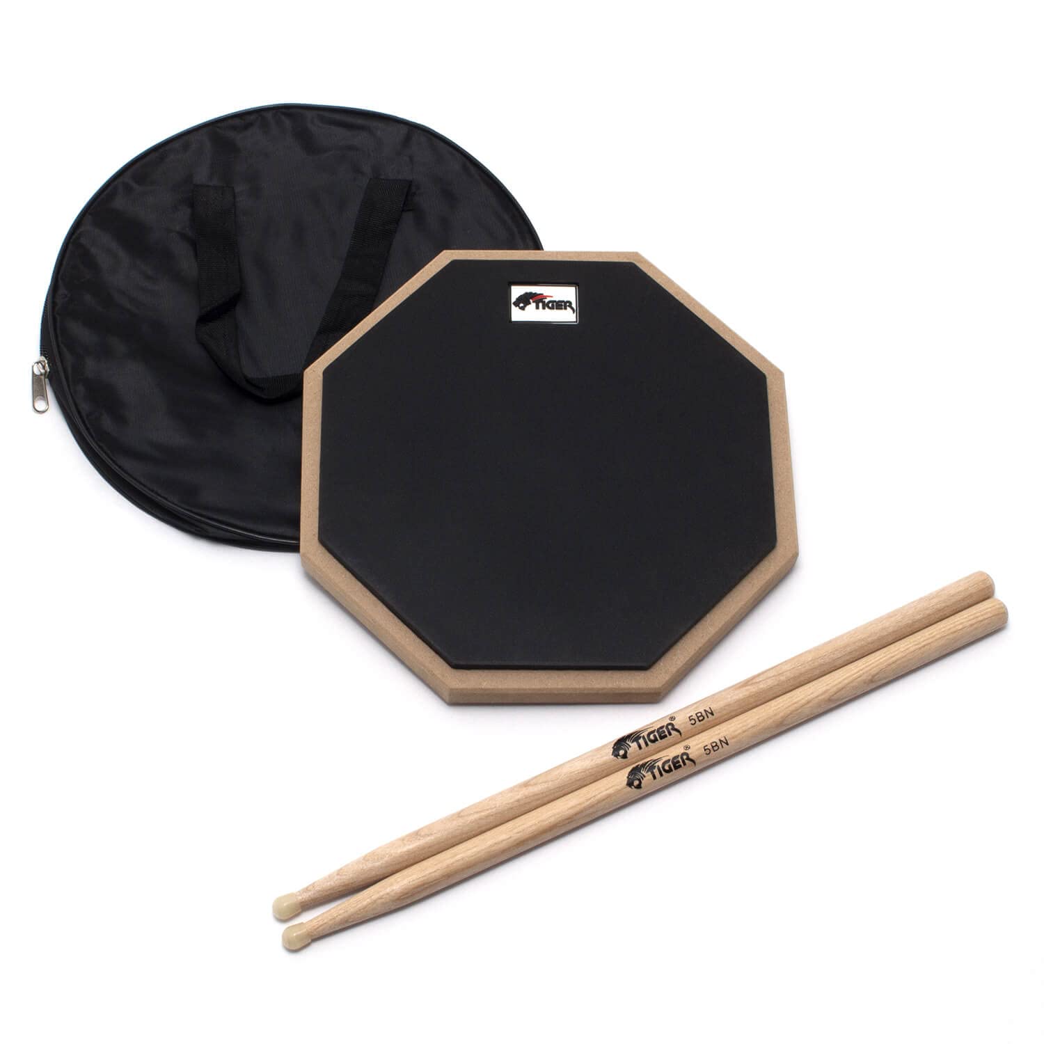 TIGER TDA410-5B 10" Drum Practice Pad with 5B Hickory Drumsticks - Desktop or Stand Mountable, Black