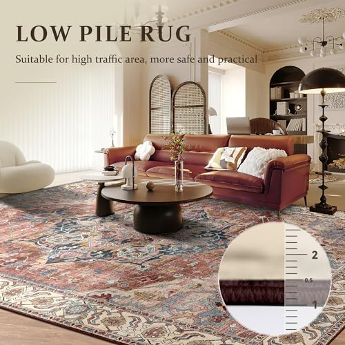 Area Rugs 9x12 Living Room Rug Boho Area Rug Deerly Washable Rugs 9x12 Vintage Diamond Indoor Large Bedroom Rug with Non Slip Rubber Backing for Under Dining Table Office Bedroom, Brickred