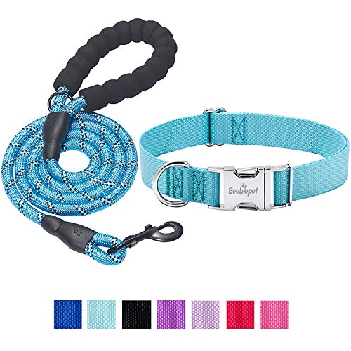 beebiepet Classic Dog Collar with Strong Metal Buckle Adjustable Dog Collars for Small Medium Large Dogs (Collar+Leash L Neck 17″-26″, Turquoise)