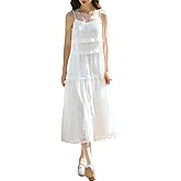 EVAZOU Women's White Boho Beach Vacation Spaghetti Strap Midi Dress, Lace Embroidery Tiered Sleeveless Summer Casual Dress