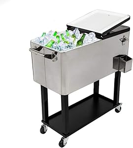 MTFY 80 Quart Patio Cooler Rolling Cooler Ice Chest with Shelf, Stainless Steel Ice Chest Portable Patio Party Bar Drink Cooling Cart Beverage Cooler Cart with Wheels and Bottle Opener