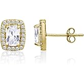 Sterling Silver Cubic Zirconia Cushion-Cut Halo Rectangle Stud Earrings