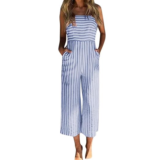 MRULIC Damen Striped Printing Sleeveless Lange Playsuits Strampler Overall