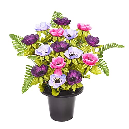 Sincere Floral 29CM FRONTAL ANEMONE & FERN GRAVE POT- 16 FLOWERS- ARTIFICIAL (Purple)