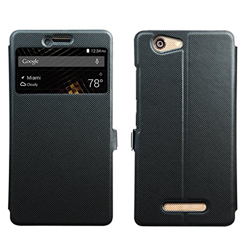 BLU Vivo XL Case [View Window] [Full Range Protection], Popsky Linen Texture Slim Leather Multi-angle Stand Folio Case Cover for BLU Vivo XL Smartphone -5.5" 4G LTE Phone (Black)
