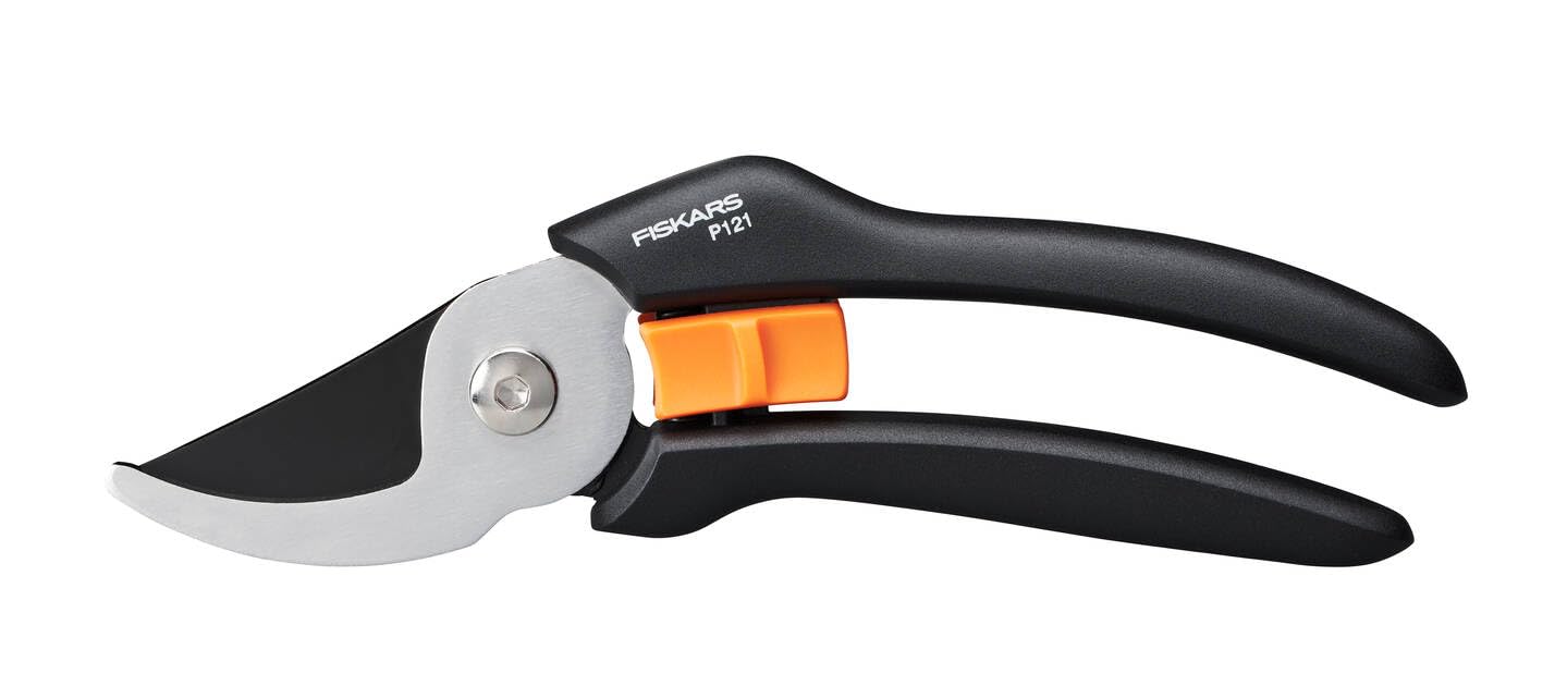 Fiskars bypass pruning shears for fresh branches and twigs, non-stick coated, steel blades/FibreComp handles, black/orange, Solid, P121, 1057160