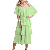 ETCYY NEW Women's Off The Shoulder Sleeveless Tiered Ruffle Pleated Casual Midi Dress