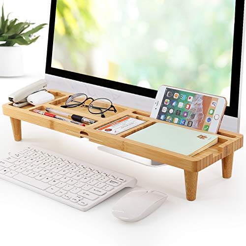 Bamboo Desk Organizer Tray for Saving Space, Office Desktop Small Objects Storage Holder Hide Keyboard Wood Shelf for Phone, Tablet, Glasses, Pen, and More Accessories