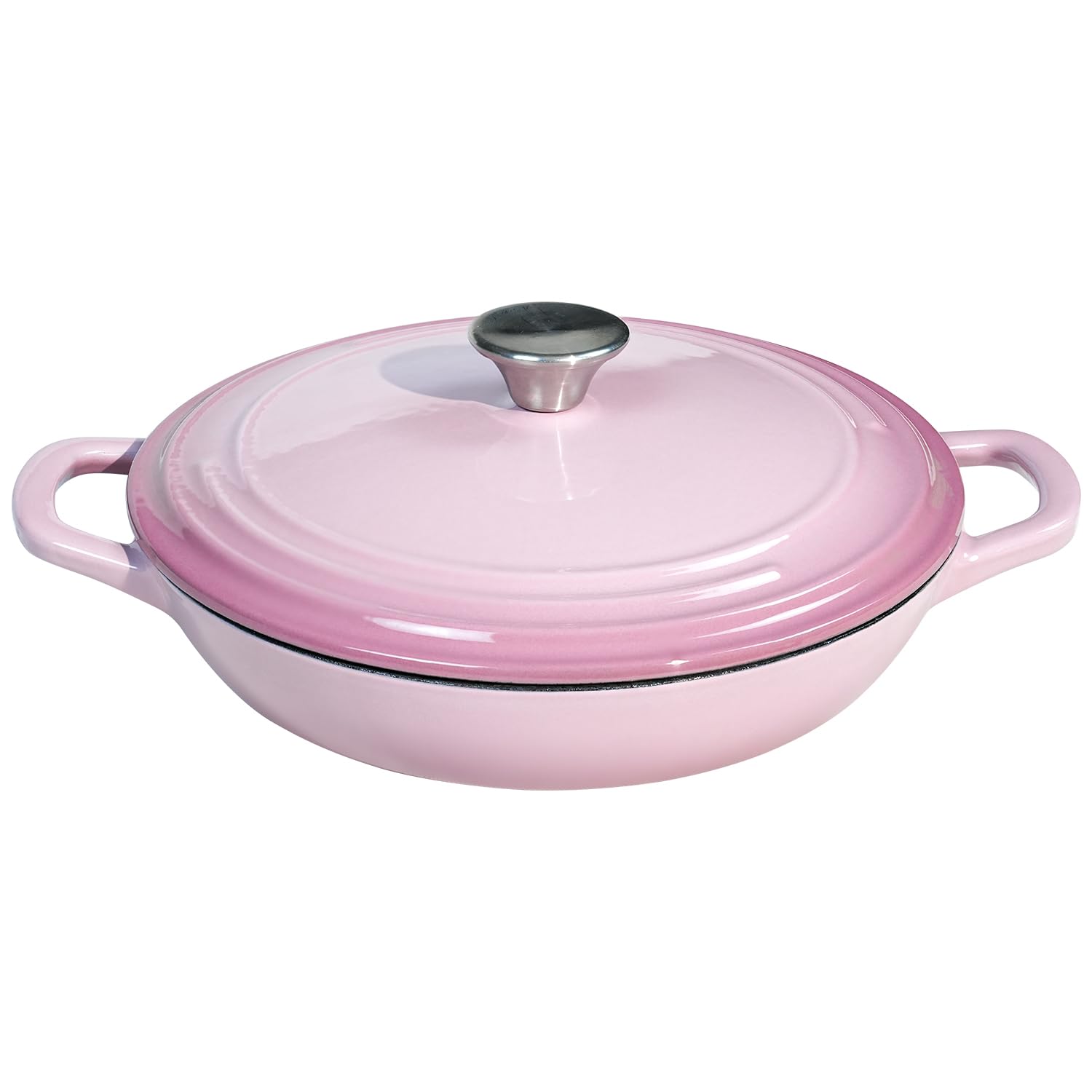 Photo 1 of Flavehc Braiser Enameled Cast Iron Braiser 2.25 qt Braiser Pan with Lid Pink Shallow Cast Iron Casserole Braiser Pan with Handels