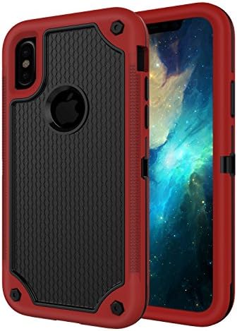 iPhone X Case, iPhone 10 Case, Sanhezhong Textured Grip Non Slip Drop Tested Case, 3IN1 Heavy Duty Hard PC &amp; Rugged TPU Armor Case (Red/Black)