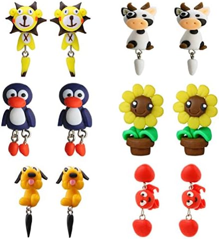 Miss Pinky 6 Pairs Animal&Flower Polymer Clay Stud Earrings Girls Cute Cow/Dog/Lion/Rabbit/Penguin