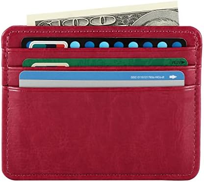 Honoro Slim Leather Card Holder with 6 Slots,Credit Card Case Front Pocket Wallet,Rose Red