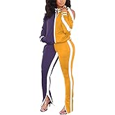 Bornpom Women 2 Piece Outfits Striped Patchwork Color Block Jackets Bodycon Side Slit Long Pants Tracksuit Sets