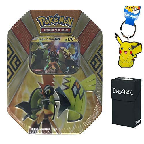 Pokemon Tapu Koko GX Tin with Tapu Koko GX Pokemon Card, 4 Factory Sealed Pokemon Booster Packs, Pikachu Keychain and Ultra Pro Deck Box Bundle