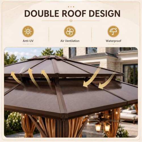 Aoxun 12x16 Outdoor Gazebo Double Polycarbonate Roof Brown Hardtop image 24