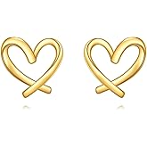 14k Gold Heart Stud Earrings for Women Teens, 14 Carat Yellow Gold Earring for Her