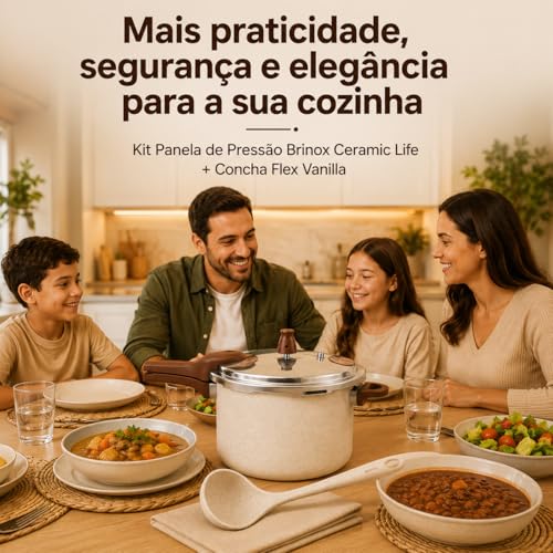 Panela de Pressão Indução Brinox Ceramic Life Pressure 6,8L Ø24cm Vanilla + Concha Silicone Flex 28cm | Antiaderente Cerâmico