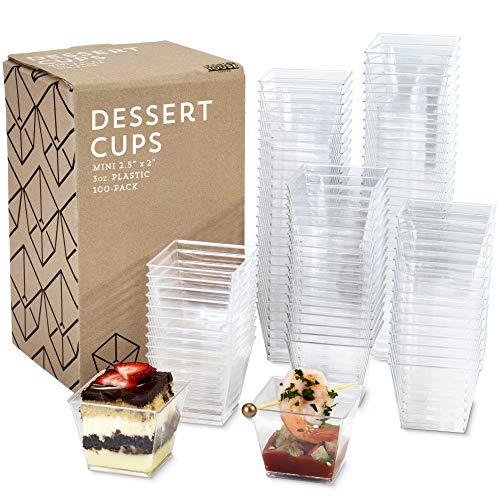 3oz. Mini Dessert Cups, 100-pack - Clear Plastic Square Cups - Small Disposable Shooters for Tasting Parfait, Fruit, Cake, Ice Cream, Sauces, Jelly Shots & Appetizers, Parties, Catering & Restaurants
