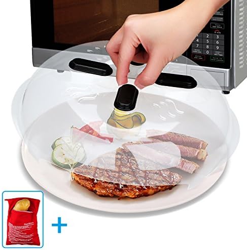 MaMix Hover Cover - Magnetic Microwave Splatter Lid with Steam Vents 11.5 Inch + Microwave Potato Cooker