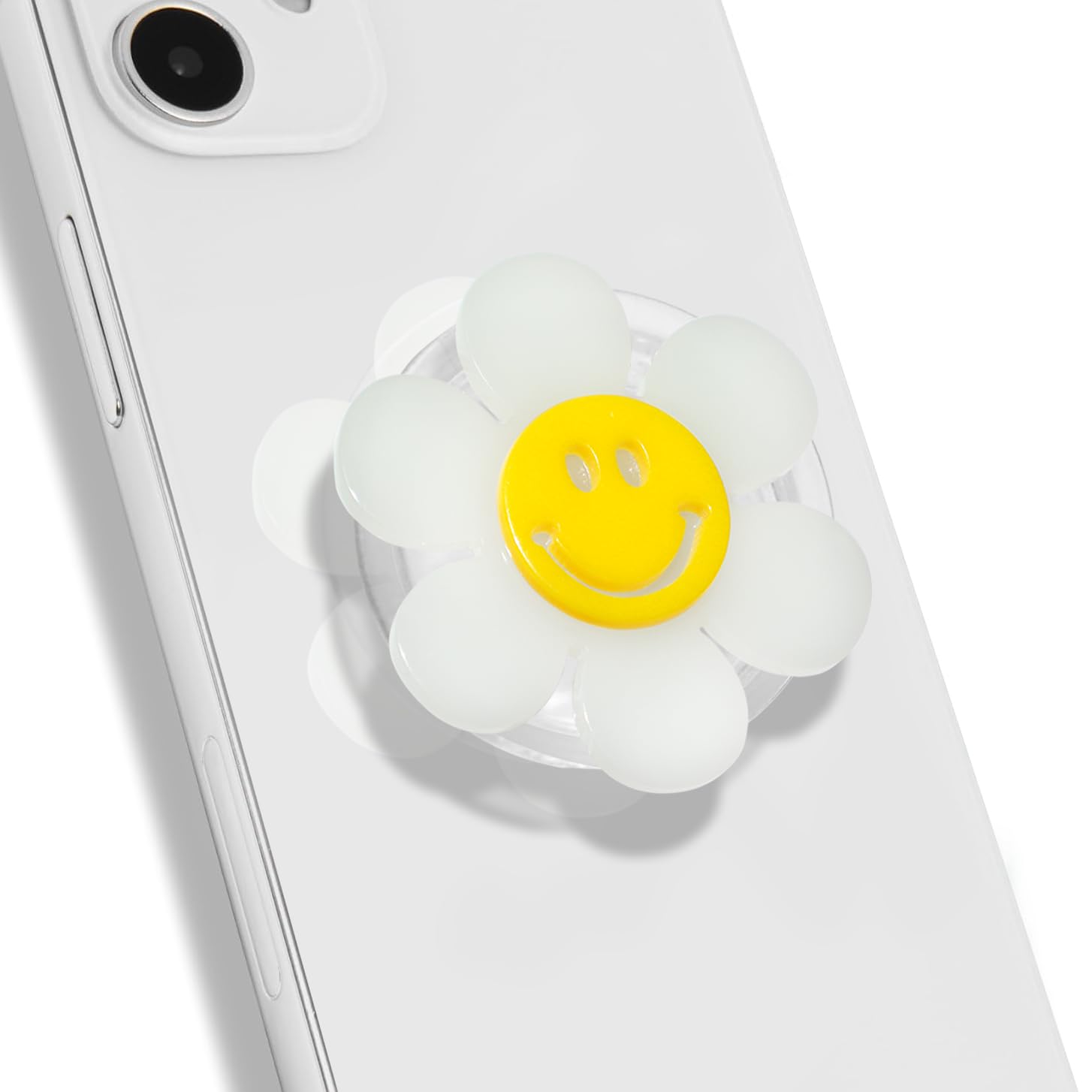 Luminous Smiley Flower Mobile Phone Grip: Swappable & Collapsible Grip for Phones & Tablets (White)