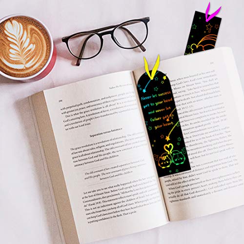 JINSEY Scratch Bookmarks Scratch Rainbow Paper Art Bookmarks 60 Pieces Scratch Paper DIY Bookmarks , with Wooden Styluses and Colorful Rope, Twine, Storage Bags