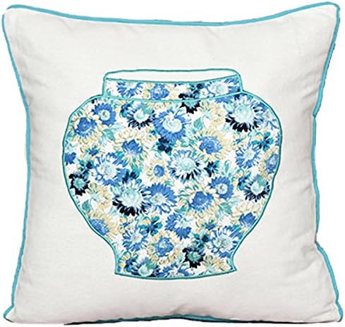 Chinese Style Vase Embroidery Patch Throw Pillow Case Cushion Cover Home Office Decorative Cotton Square 18 X 18 Inches (Light blue Vase)