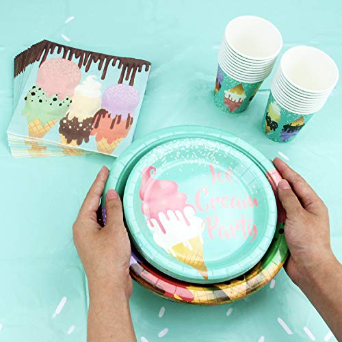 82 Piece Ice Cream Party Supplies Set Including Banner, Plates, Cups, Napkins, and Tablecloth, Serves 20