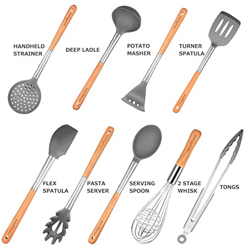 Silicone Kitchen Utensil Set - Godmorn 9 Cooking Utensils Set - Stainless Steel and Wooden Handle Silicone Utensil Set - Silicone Spatula Set Tools for Cooking - Thumbnail 5