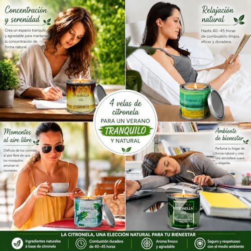 Paquete Grandes Juego de 4 Velas Citronela para Interior y Exterior Velas de Citronela Cera de Soja en Latas con Tapa 200 Horas de Combustión Regalo para Bodas,Cumpleaños,Jardín,Camping o Fiestas