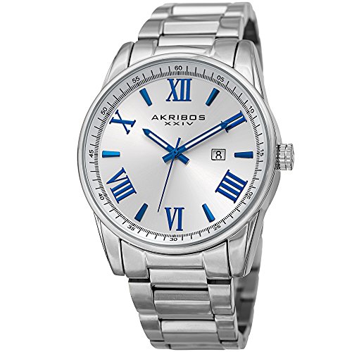 Akribos XXIV Men's Quartz Silver-Tone Case with Blue Accented White Dial on Silver-Tone Stainless Steel Bracelet Watch AK936SS