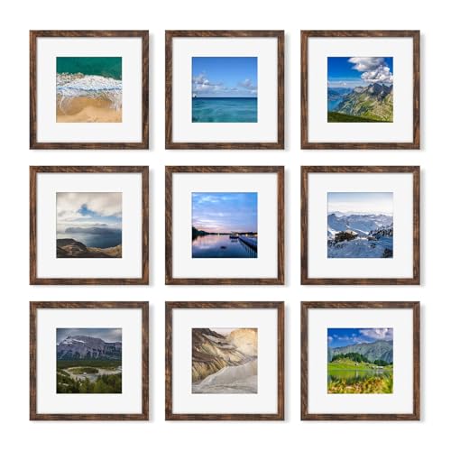 View 1 of YESKAY 12x12 Picture Frame Set of 9, Photo Gallery Wall Frame Set, Display Pictures 8x8 with Mat or 12 x 12 Without Mat, Square Frame Picture Frames Collage Wall Decor, Rustic Brown
