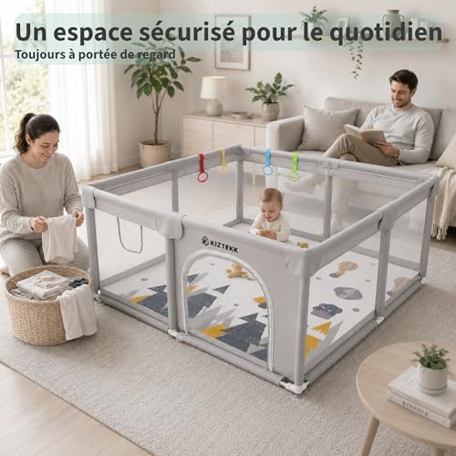 KIZTEKK - Baby Playpen 150 x 150 cm - Baby Playpen with Foldable Floor Mat - Large Secure Space - Reinforced Protection - 360° Visibility - 2 Storage Bags Included - 4 Support Rings