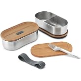 BLACK + BLUM Stainless Steel Bento Box | Plastic Free, Leak-Proof, 2-Compartment Lunch Box with Travel Fork and Bamboo Chopping Board Lid for Packing Healthy and Delicious Food | 34 oz / 1000 ml