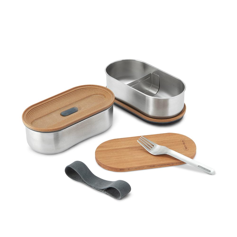 BLACK+BLUM - Bento Box - Stainless Steel Stackable Lunch box with Leak Proof, Lightweight, Multi-Purpose Bamboo Lid, Fork Included - Dishwasher and Freezer Safe, Slate - 2 x 500ml