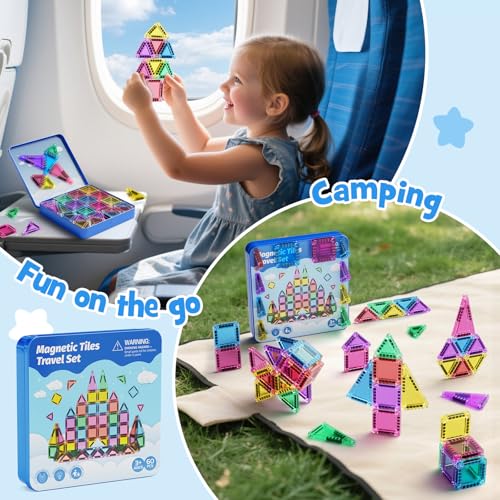Magnetic Building Blocks Travel Toy, 60-Piece Magnetic Tiles Travel Set with Iron Box, Creativity Mini Magnetic Tiles Sensory Toy Birthday Gift for Children 3 4 5 6 Years