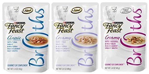 Fancy Feast Broths For Cats 3 Flavor Variety 6 Pouch Bundle: (2) Mackerel & Vegetables In A Decadent Creamy Broth, (2) Tuna, Shrimp & Whitefish In A Decadent Silky Broth, and (2) Wild Salmon & Whitefish In A Decadent Creamy Broth, 1.4 Oz. Ea. (6 Pouches Total)
