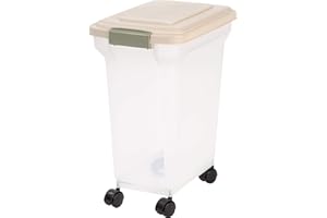 IRIS USA WeatherPro Airtight Dog Food Storage Container, Up to 22 lbs, Attachable Wheels, For Dog Cat Bird and Other Pet Food Storage Bin, Keep Fresh, Translucent Body, Clear/Almond