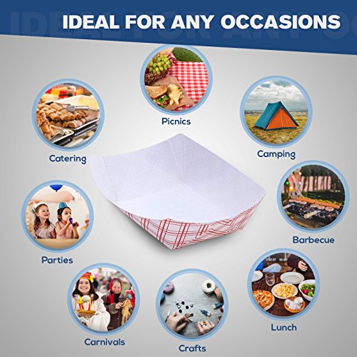 Paper Food Tray, Capacity of 1lb, Eco-Friendly Red Plaid Food Trays USA Made, FDA Approved Recyclable & Biodegradable, Convenient for any Event: Party, Camping, Carnival, Catering, BBQ… (50pc) - Thumbnail 2