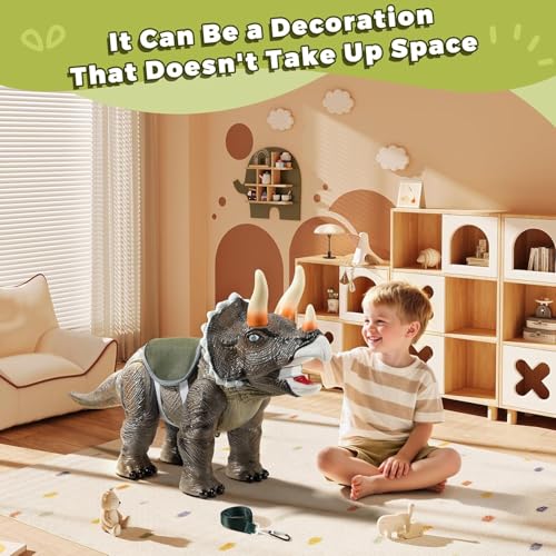 Dinosaur Ride On Toy Car for Kids - Triceratops with Roar Sound & Light Up Horns, Safe Pull String & Comfortable Seat, Indoor Outdoor Walking Trainer, Ideal Birthday Christmas Gift for Toddlers