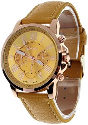 Winhurn Fashion Faux Leather Analog Quartz Women Wrist Watch with Roman Numerals (Yellow)