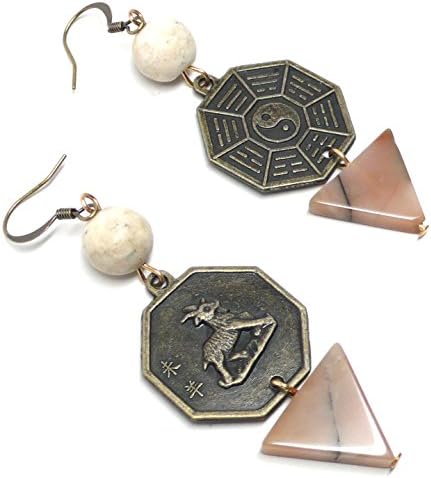 Year of the Goat I Ching Zodiac Chinese Bagua Trigram Coin Agate Earrings