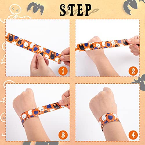 LovesTown Halloween Slap Bracelets, 48PCS Kids Slap Wristbands Snap Bracelets Ghost Jack o Lantern Bat Spider for Halloween Party Goodie Bag Fillers