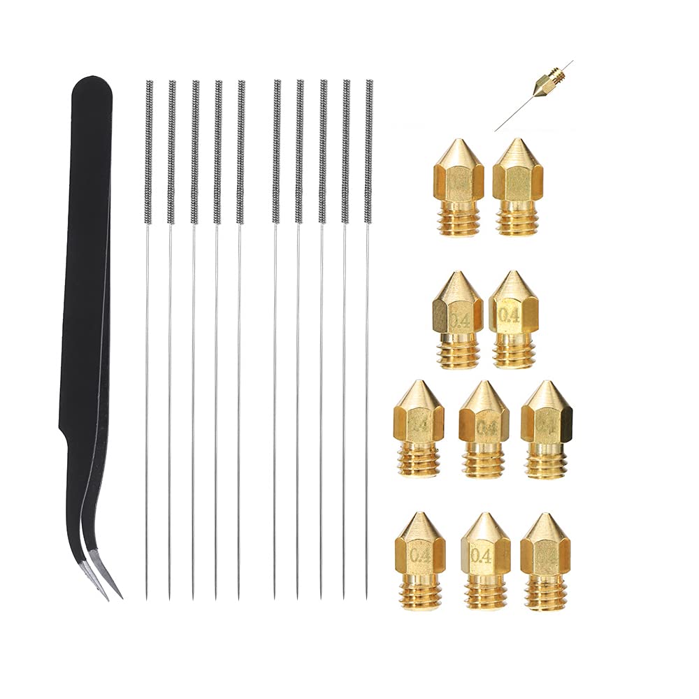 DollaTek 10Pcs 0.4mm Brass Nozzle + 0.4mm Stainless Steel Nozzle Cleaning Needle + 1Pcs Tweezer DIY Kit 3D Printer Part
