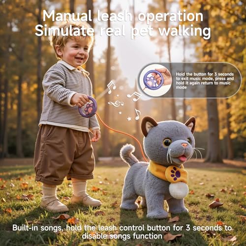 TUMAMA Walking Toy Cat with Remote Control Leash, Walking,Meowing, Shake Tail, Licking, Electric Interactive Stuffed Animal, Birthday Gift for Kids