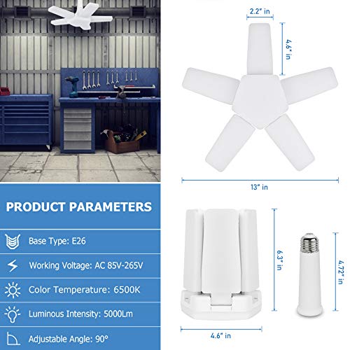 LED Garage Light Deformable,E26 Base 60W 6500K Daylight Garage Ceiling Lamp,5 Adjustable Panels,5000LM,Ultra-Bright LED Shop Lights for Garage,Warehouse,Workshop