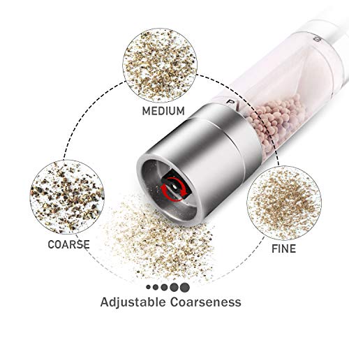 Mixoo Salt and Pepper Grinder Set, 2 in 1 Features with 2 Adjustable Ceramic Coarseness and 2 Fillable Spaces, Brushed Stainless Steel and Clear Acrylic Body - Thumbnail 3