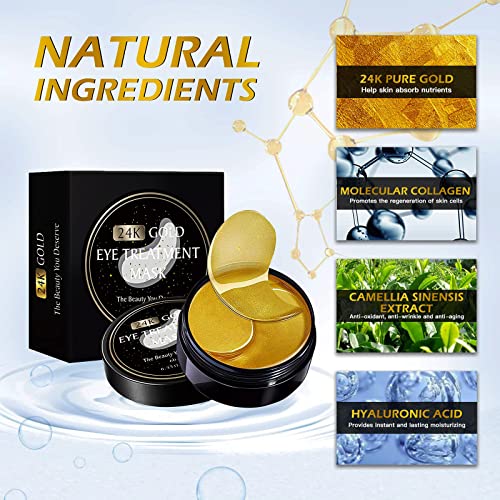 60 Pieces Eye Patches 24K Gold Eye Patches Dark Circles and Gel Bags for Under Eyes, Anti-Wrinkles and Anti-Dark Circles, Remove Bags and Puffiness, Moisturizing and Anti-Aging, Unisex