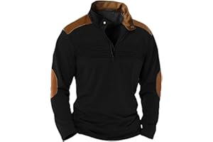 WOLWES Mens Corduroy Shirt Lapel Collar Button Up Pullover Mock Neck Long Sleeve Sweaters Polo Sweatshirts with Elbow Patches