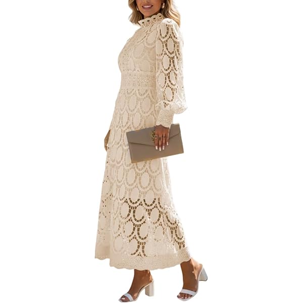 Women's Hollow Lace Shirt Dress Long Sleeve Lapel Single Breasted Belt  Casual Midi Dresses Khaki S at Amazon Women's Clothing store