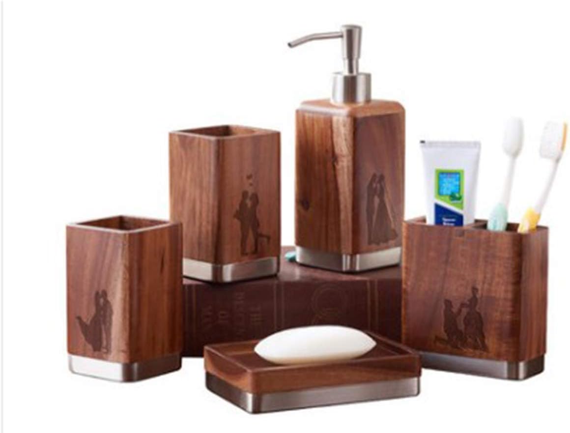 PLYY Vintage wood Continental Bathroom five-piece set Bathroom Accessories Set Bath Gift Soap Dish,Lotion Dispenser,Toothbrush Holder&Tumbler Bathroom decoration Gift, C